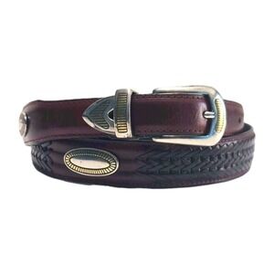 Fossil Belt Mens 38 Concho Brown Leather Braided Western Cowboy Silver Buckle